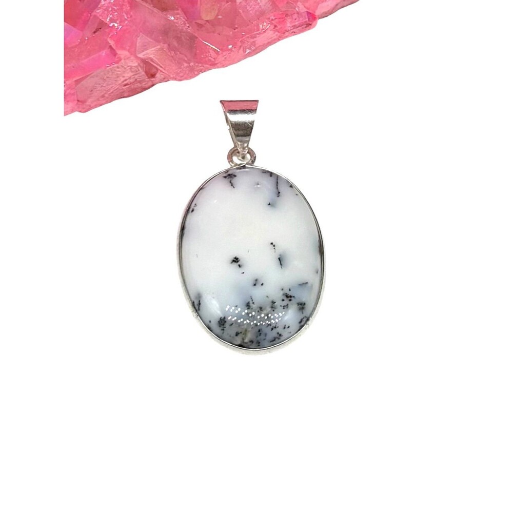 925 Sterling Silver White Dendritic Opal- Oval Pendant